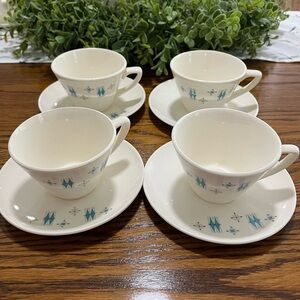 Salem American Ironstone Tea Coffee Cup Aqua Blue Atomic 4 Cups And Saucers USA